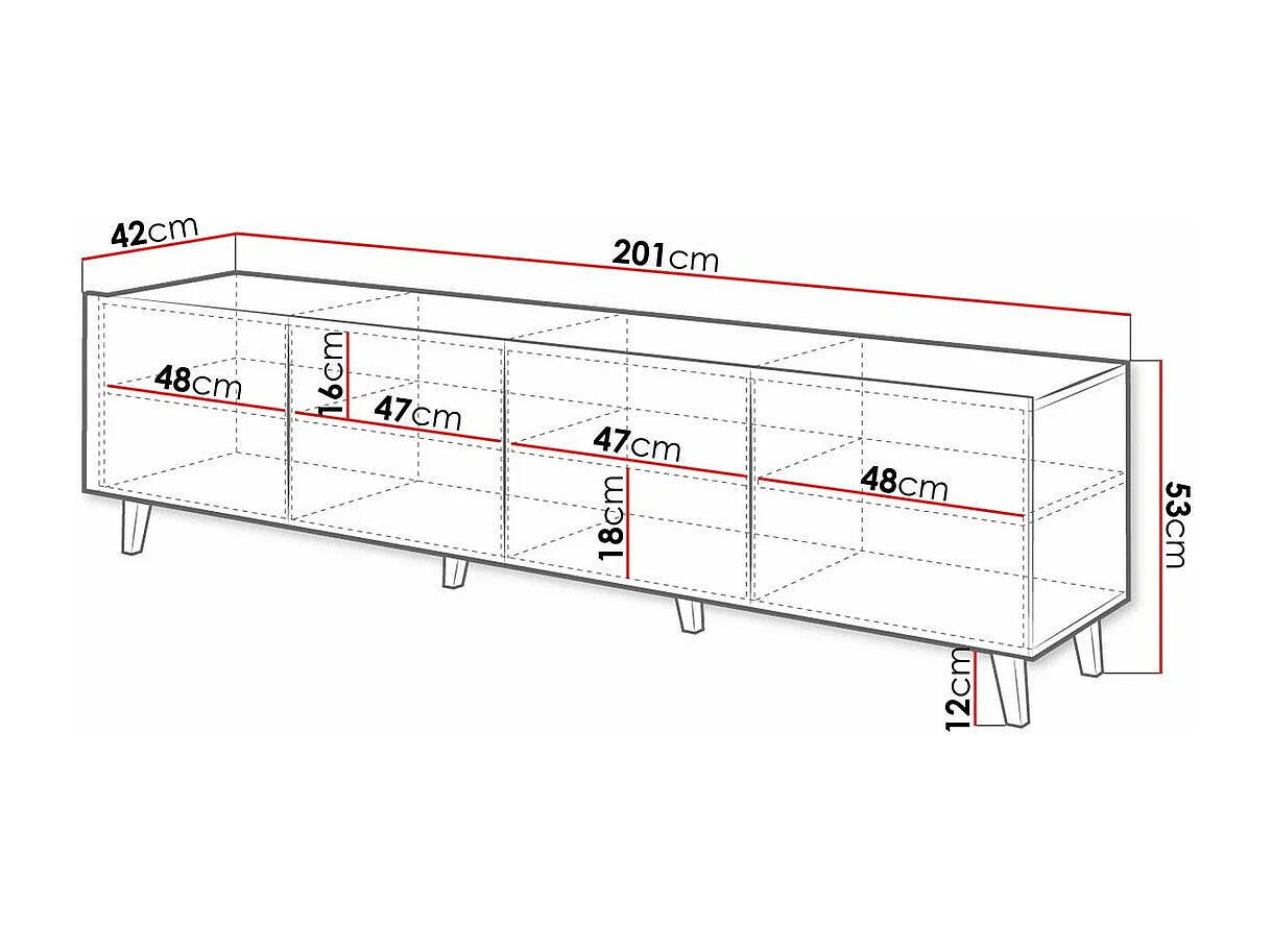 Meuble TV Charlotte 181, Craft chêne|Noir, Le nombre de portes: 4, 201x53x42cm