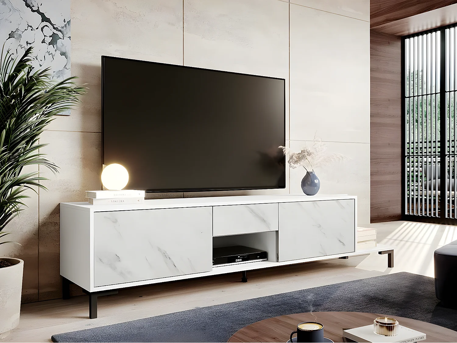 Meuble TV Charlotte 157, Blanc|Marbre blanc, Le nombre de portes: 3, 195x48x40cm