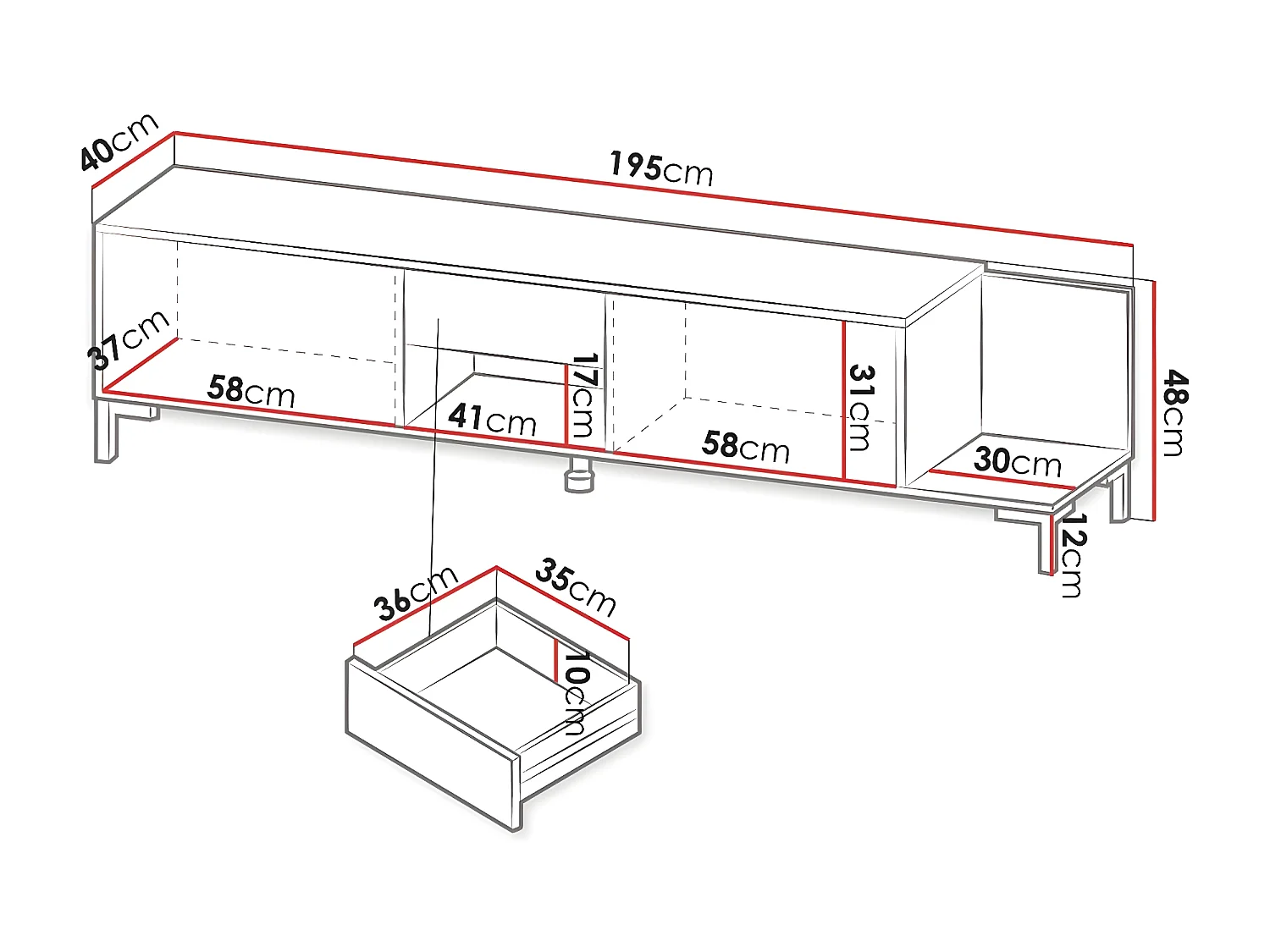 Meuble TV Charlotte 157, Blanc|Marbre blanc, Le nombre de portes: 3, 195x48x40cm