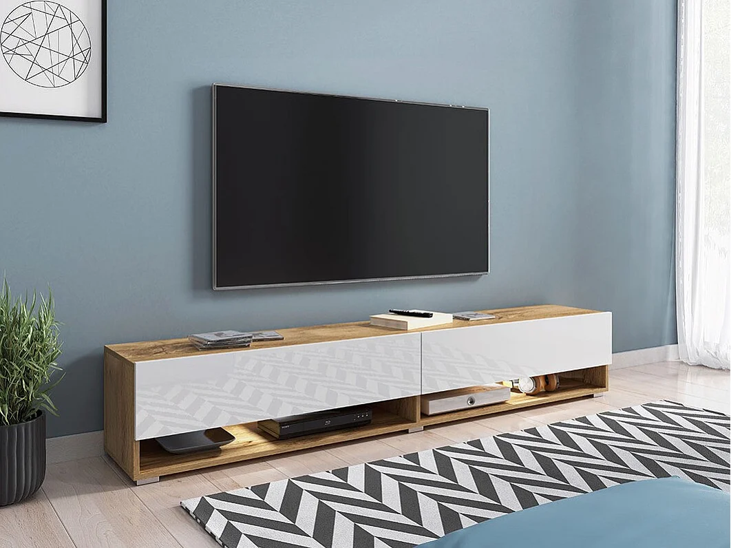 Meuble TV Sarasota 119, Chêne wotan|Blanc brillant, Le nombre de portes: 2, 180x30x33cm