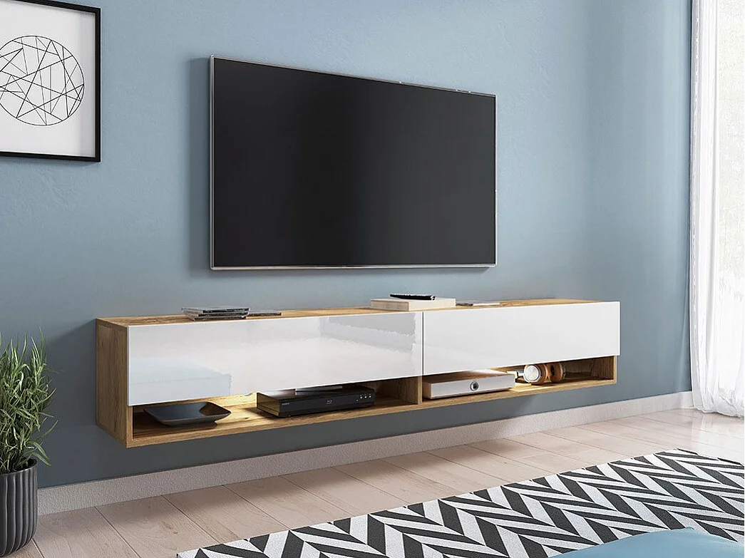 Meuble TV Sarasota 119, Blanc brillant|Chêne wotan, Le nombre de portes: 2, 180x30x33cm