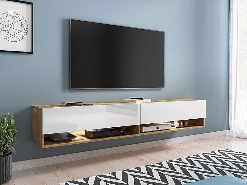 Meuble TV Sarasota 119, Blanc brillant|Chêne wotan, Le nombre de portes: 2, 180x30x33cm