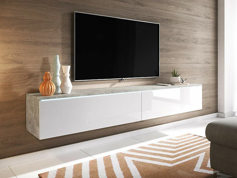 Mueble TV Sarasota 121, Hormigón|Blanco brillante, Número de puertas: 2.00, 180x30x33cm