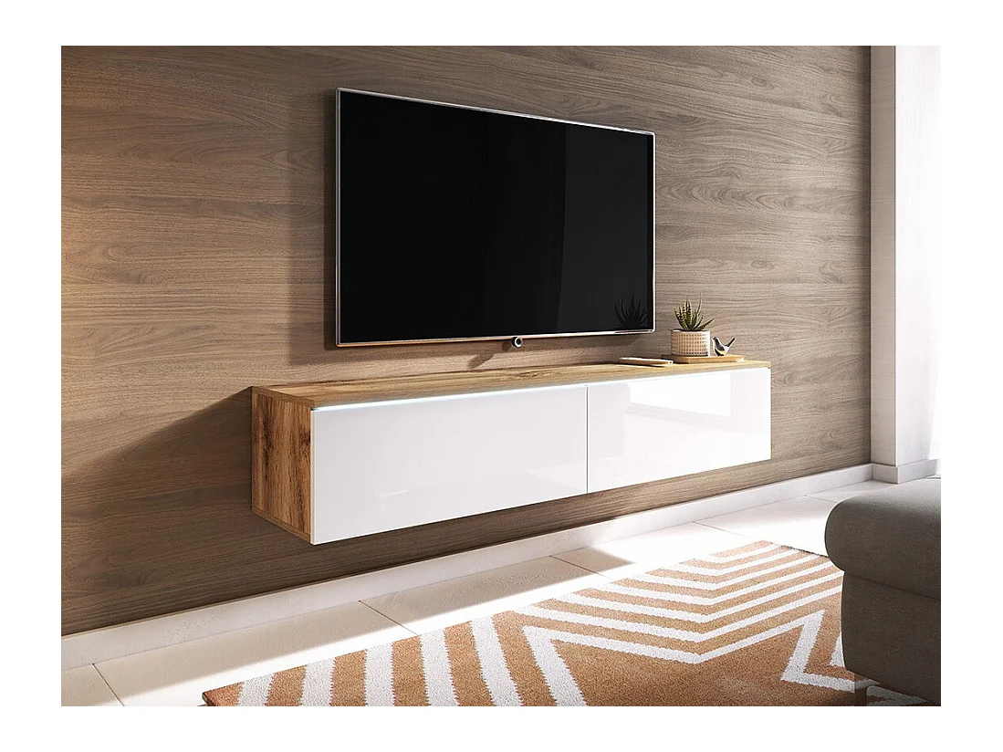 Meuble TV Sarasota 120, Blanc brillant|Chêne wotan, Le nombre de portes: 2, 140x30x33cm
