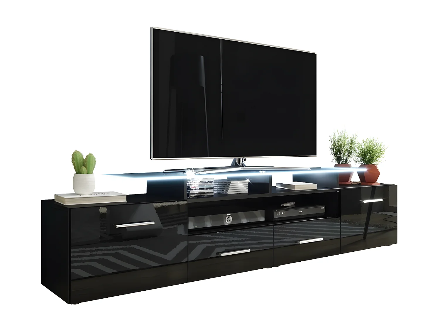 Mueble TV Charlotte 117 (Negro + Negro brillante Si  , Negro brillante|Negro, 194x38x39cm
