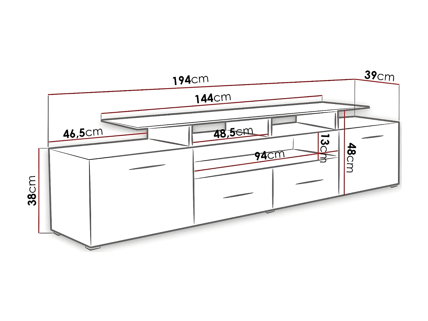 Mueble TV Charlotte 117 (Negro + Negro brillante Si  , Negro brillante|Negro, 194x38x39cm
