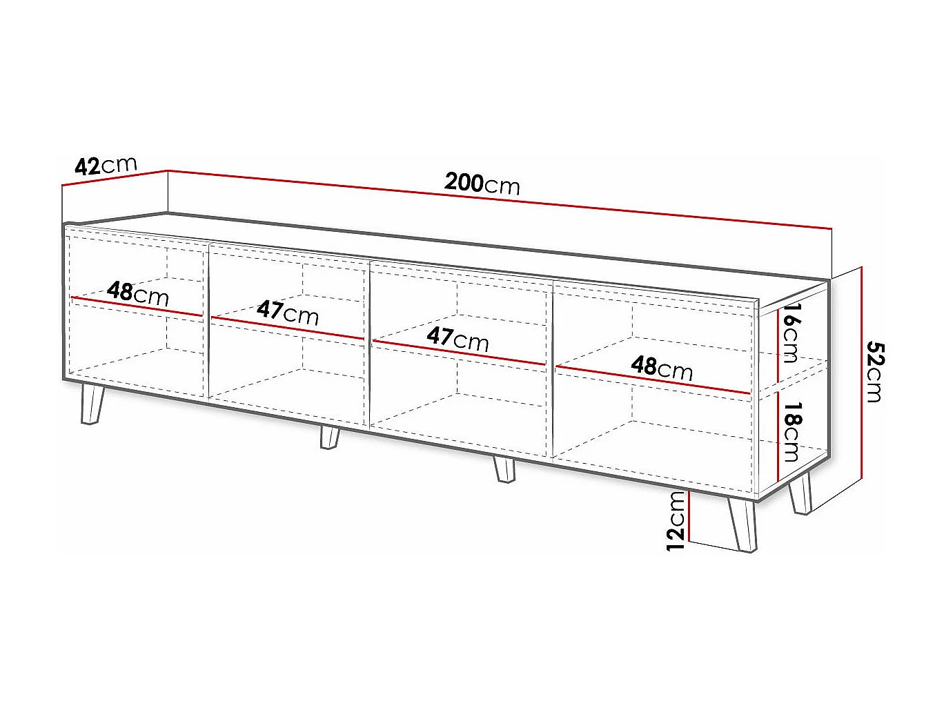 Mesa para TV Charlotte 174, O número de portas: 4, 200x52x42cm