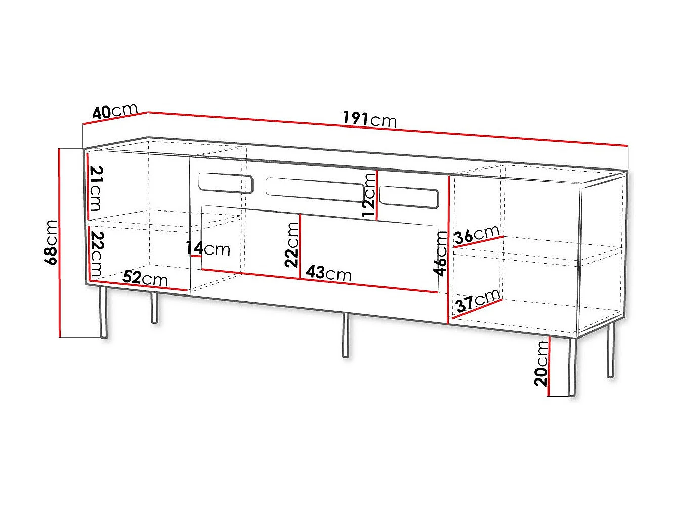 Meuble TV Venophu 102, Noyer, 191x68x40cm