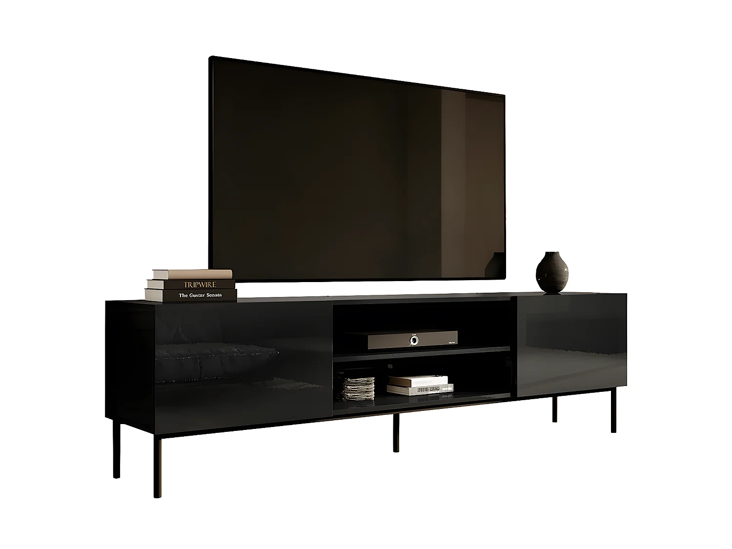 Mueble TV Charlotte 166, Negro brillante|Negro, Número de puertas: 2.00, 200x57x40cm