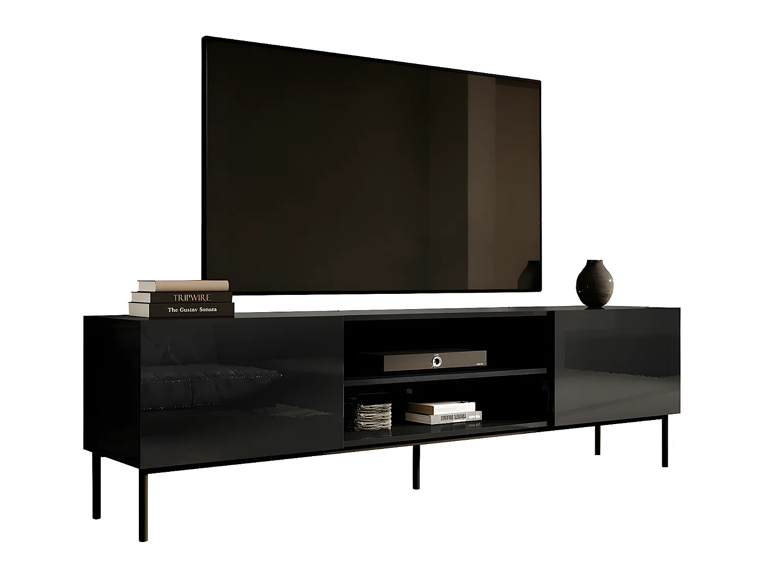Mueble TV Charlotte 166, Negro brillante|Negro, Número de puertas: 2.00, 200x57x40cm