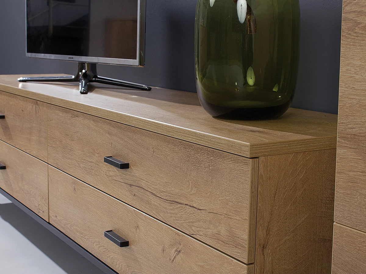 Mueble TV Toledo F105, Lefkas roble|Negro, Número de cajones: 4.00, 181x50x40cm