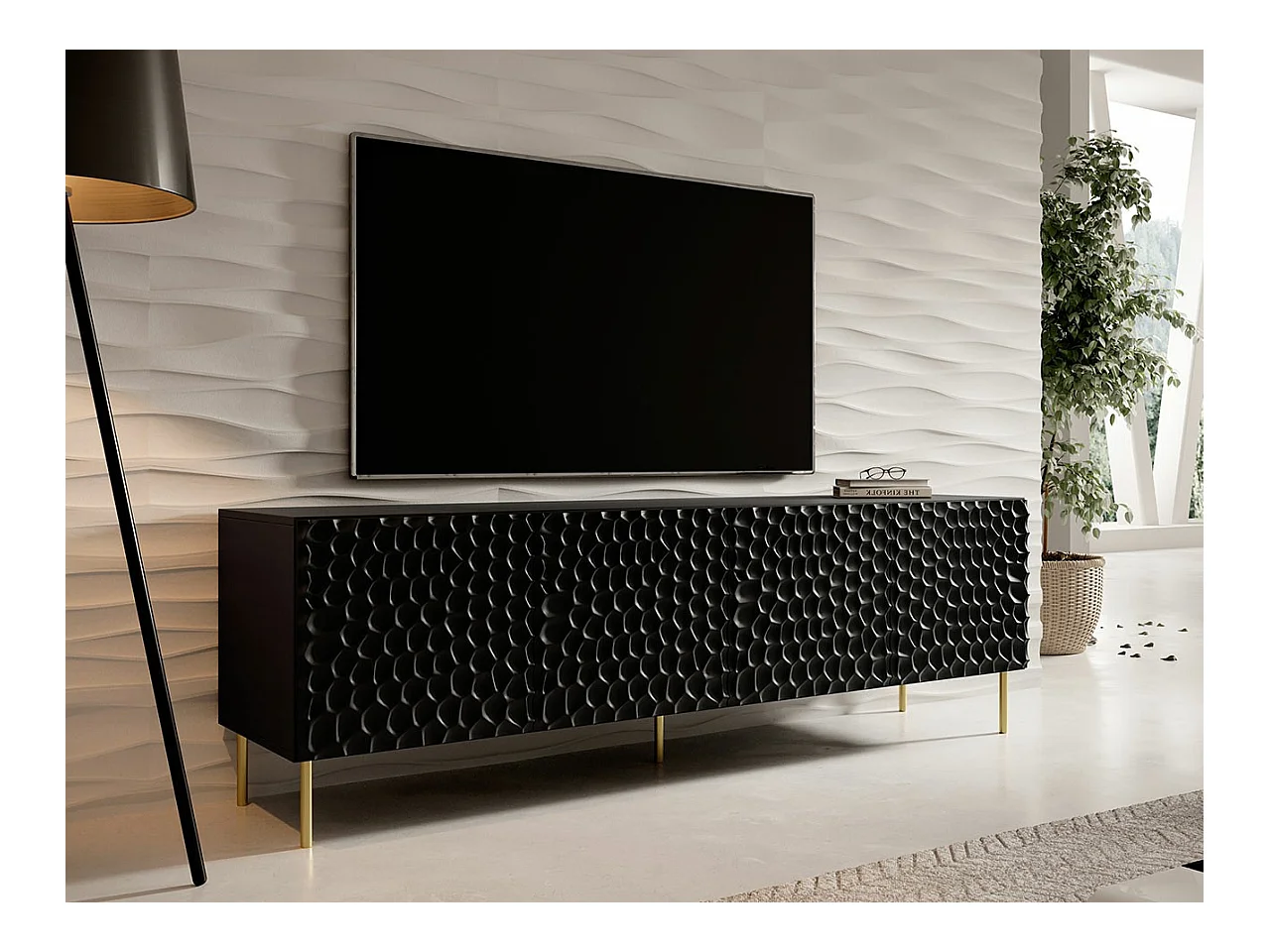 Mobile porta TV Charlotte 171, Nero|D'oro, Il numero di porte: 4.00, 190x60x41cm