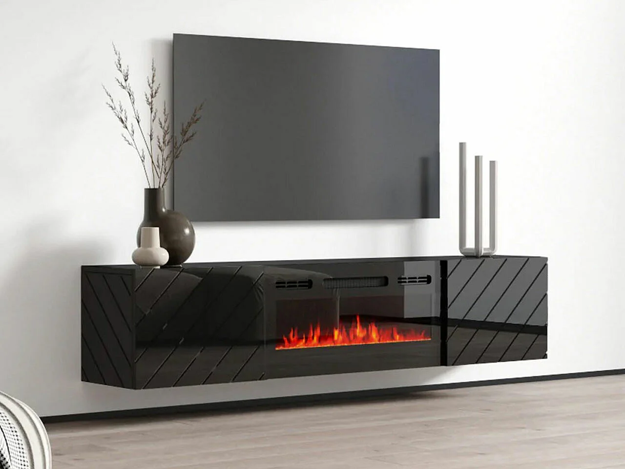 Mueble TV Charlotte 192, Negro, Número de puertas: 2.00, 183x38x35cm