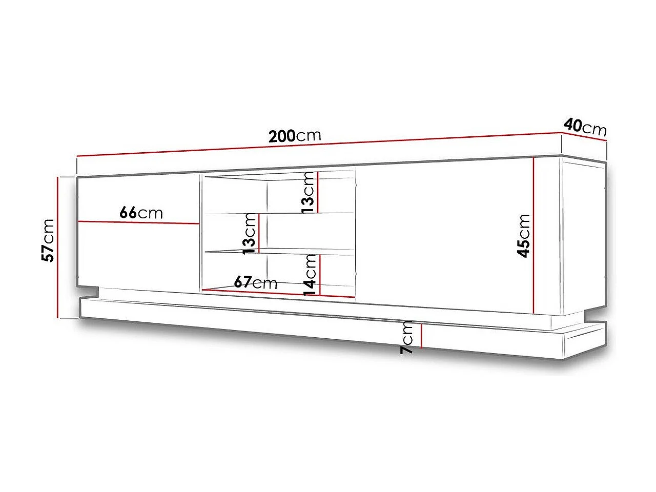 Meuble TV Charlotte 128, Blanc brillant|Blanc, Le nombre de portes: 2, 200x57x40cm