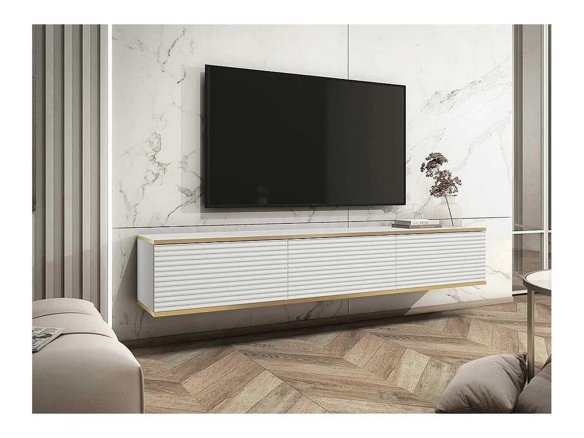 Meuble TV Felduno 101, Blanc|Doré, Le nombre de portes: 3, 175x30x32cm