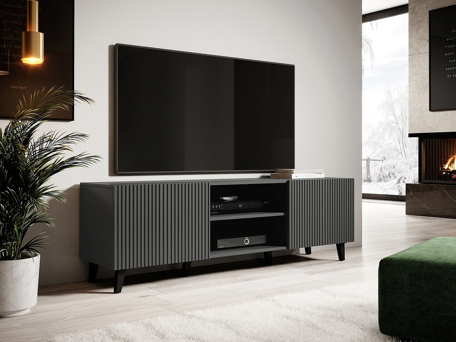 Mueble TV Charlotte J103, Antracita|Negro, Número de puertas: 2.00, 150x53x42cm