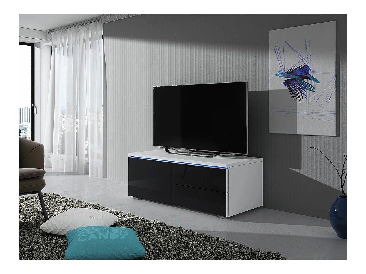 Meuble TV Nashville 130, Noir brillant|Blanc, Le nombre de portes: 1, 100x35x45cm