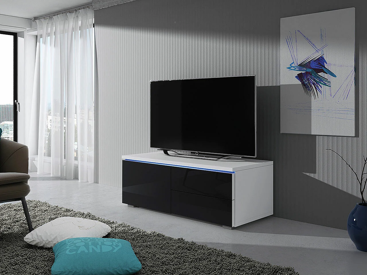 Mueble TV Nashville 130, Negro brillante|Blanco, Número de puertas: 1.00, 100x35x45cm