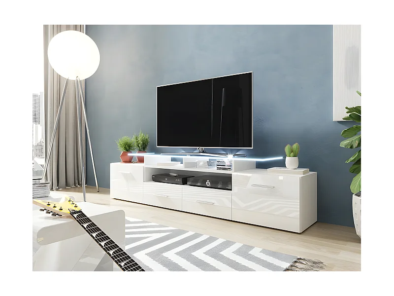 Meuble TV Charlotte 117, Blanc|Blanc brillant, Le nombre de portes: 2, 194x38x39cm