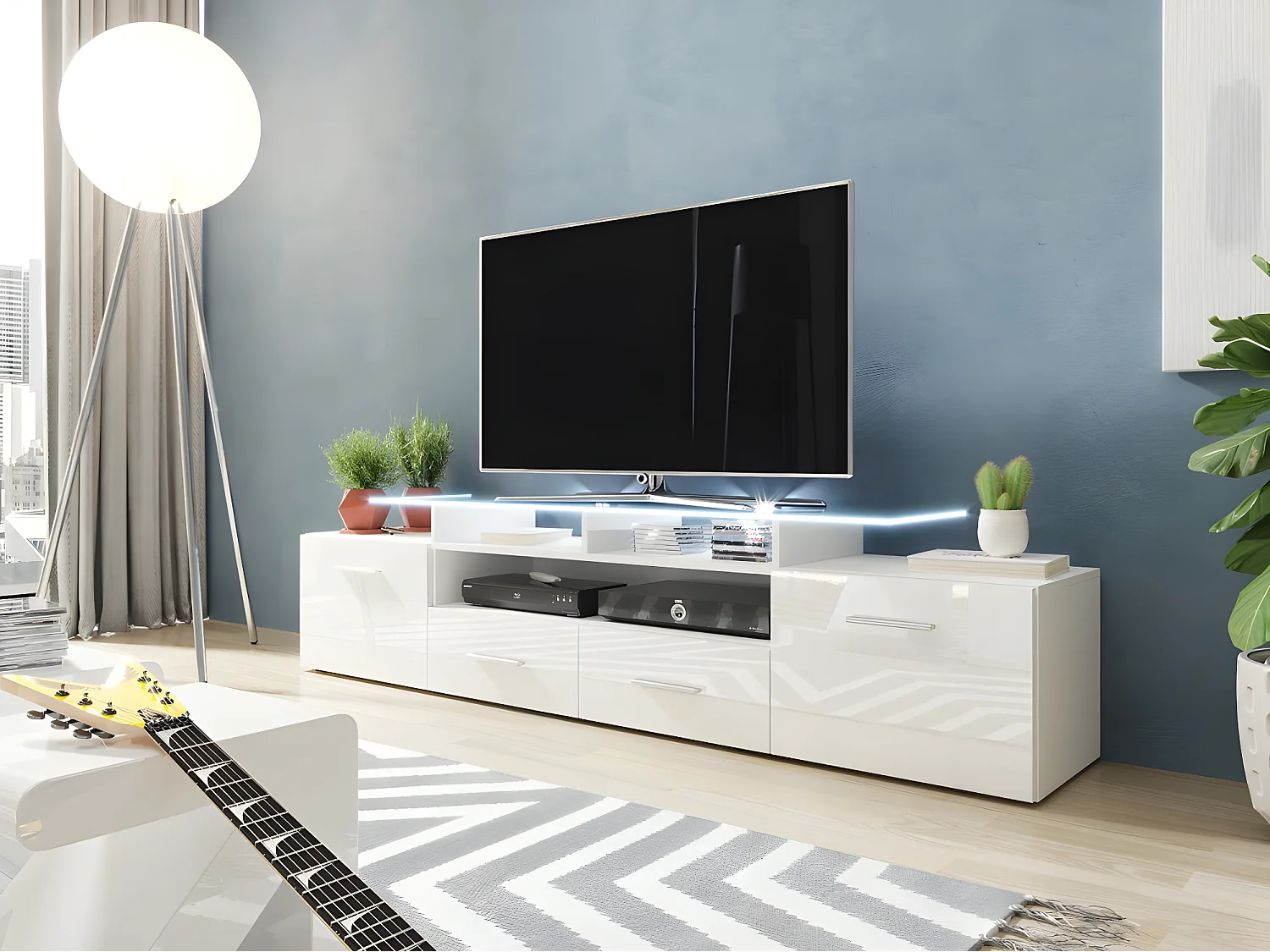 Mueble TV Charlotte 117, Blanco brillante|Blanco, Número de puertas: 2.00, 194x38x39cm