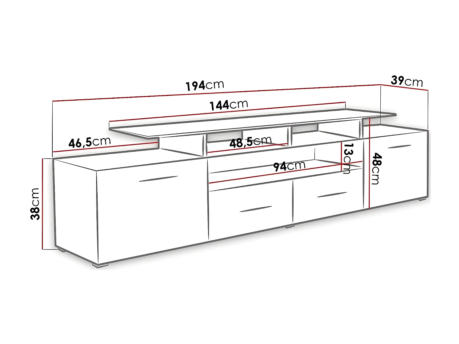 Meuble TV Charlotte 117, Blanc|Blanc brillant, Le nombre de portes: 2, 194x38x39cm