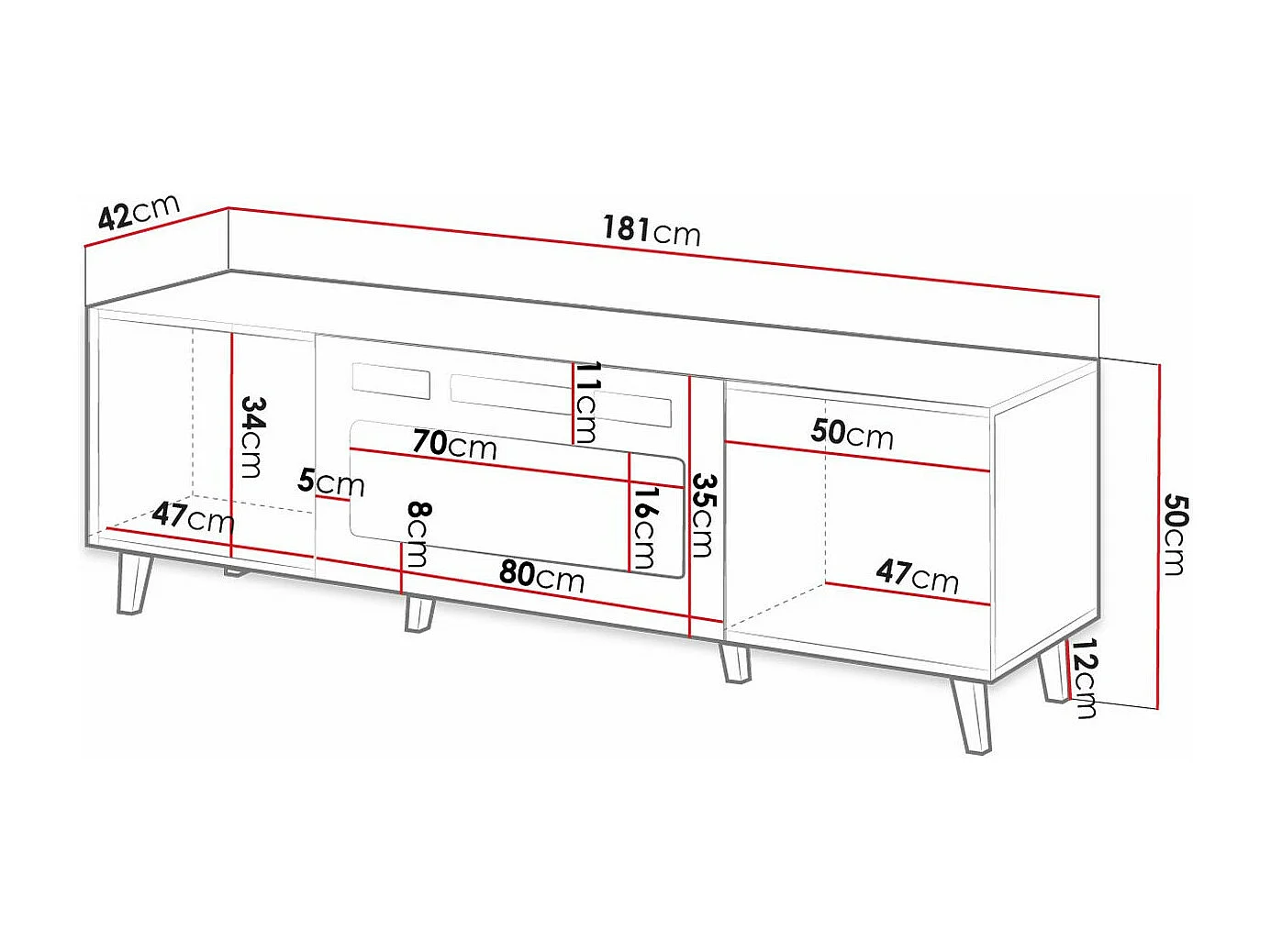 Mueble TV Charlotte H106, Blanco|Negro, Número de puertas: 2.00, 181x49x40cm