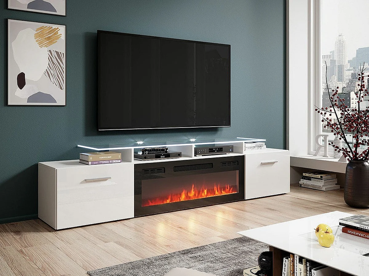 Meuble TV Charlotte 155, Blanc brillant|Blanc, Le nombre de portes: 2, 190x49x37cm