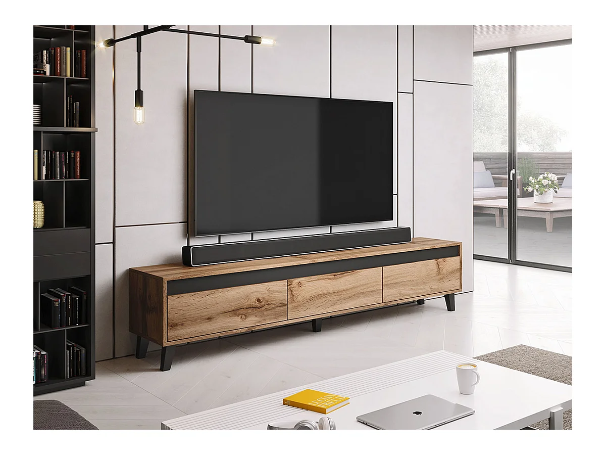 Mueble TV Charlotte 120, Wotan roble|Antracita, Número de cajones: 3.00, 185x42x38cm