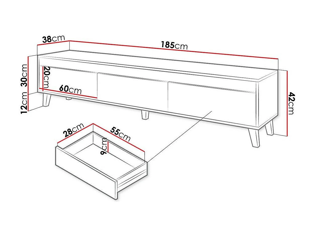 Mobile porta TV Melevara 101, Antracite|Quercia di Wotan, Numero di cassetti: 3.00, 185cm