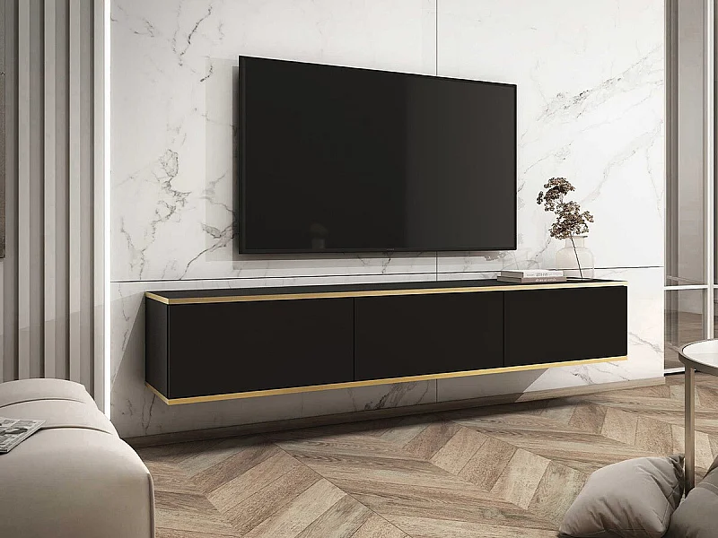 Mueble TV Lima 124, Negro|Dorado, Número de puertas: 3.00, 175x30x32cm