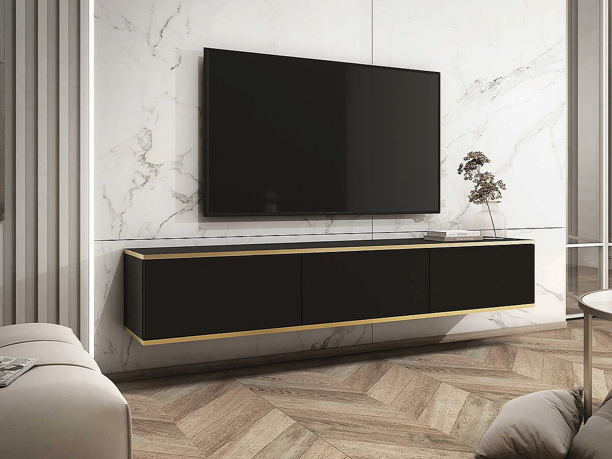 Mueble TV Lima 124, Negro|Dorado, Número de puertas: 3.00, 175x30x32cm