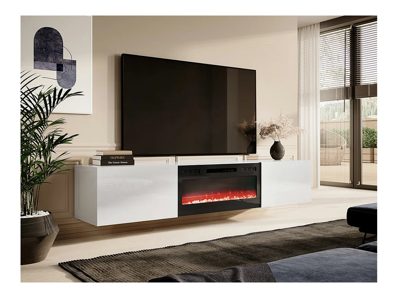 Meuble TV Charlotte 162, Blanc|Blanc brillant|Noir, Le nombre de portes: 2, 200x37x40cm