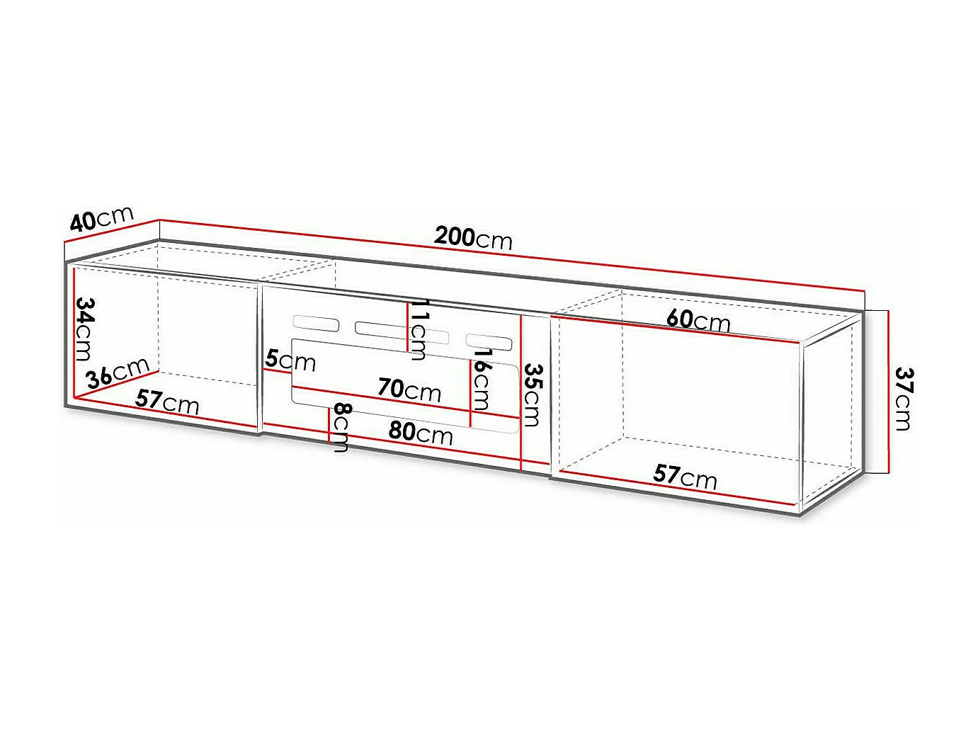 Mesa para TV Charlotte 162, O número de portas: 2, 200x37x40cm