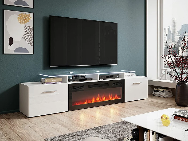 Meuble TV Charlotte 155, Blanc|Blanc brillant, Le nombre de portes: 2, 190x49x37cm