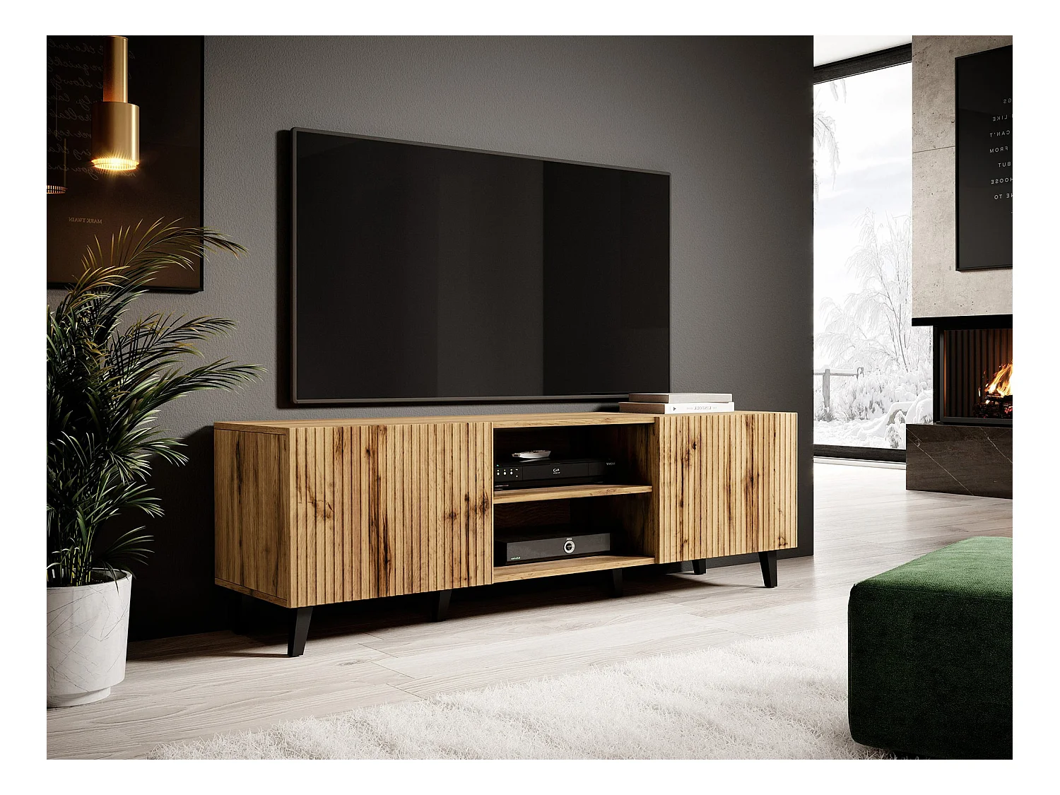 Mueble TV Charlotte J103, Negro|Wotan roble, Número de puertas: 2.00, 150x53x42cm
