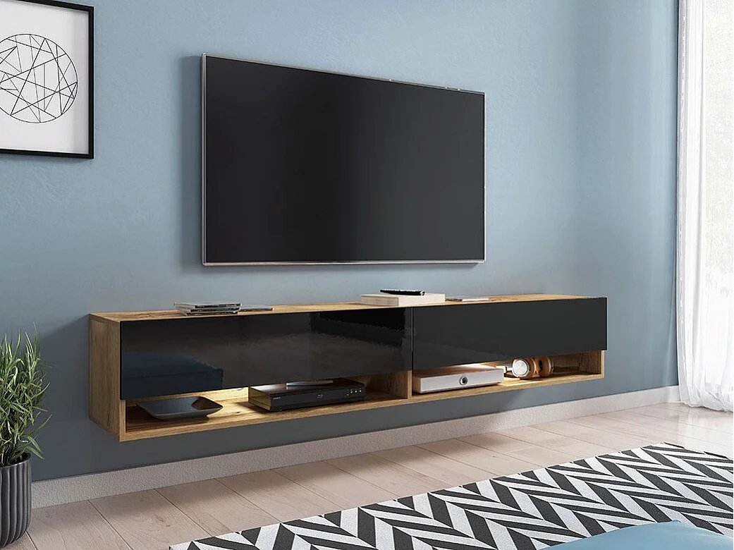 Mueble TV Sarasota 119, Negro brillante|Wotan roble, Número de puertas: 2.00, 180x30x33cm