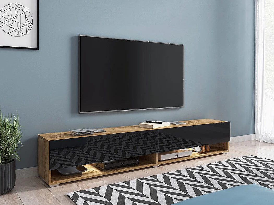 Mueble TV Sarasota 119, Negro brillante|Wotan roble, Número de puertas: 2.00, 180x30x33cm