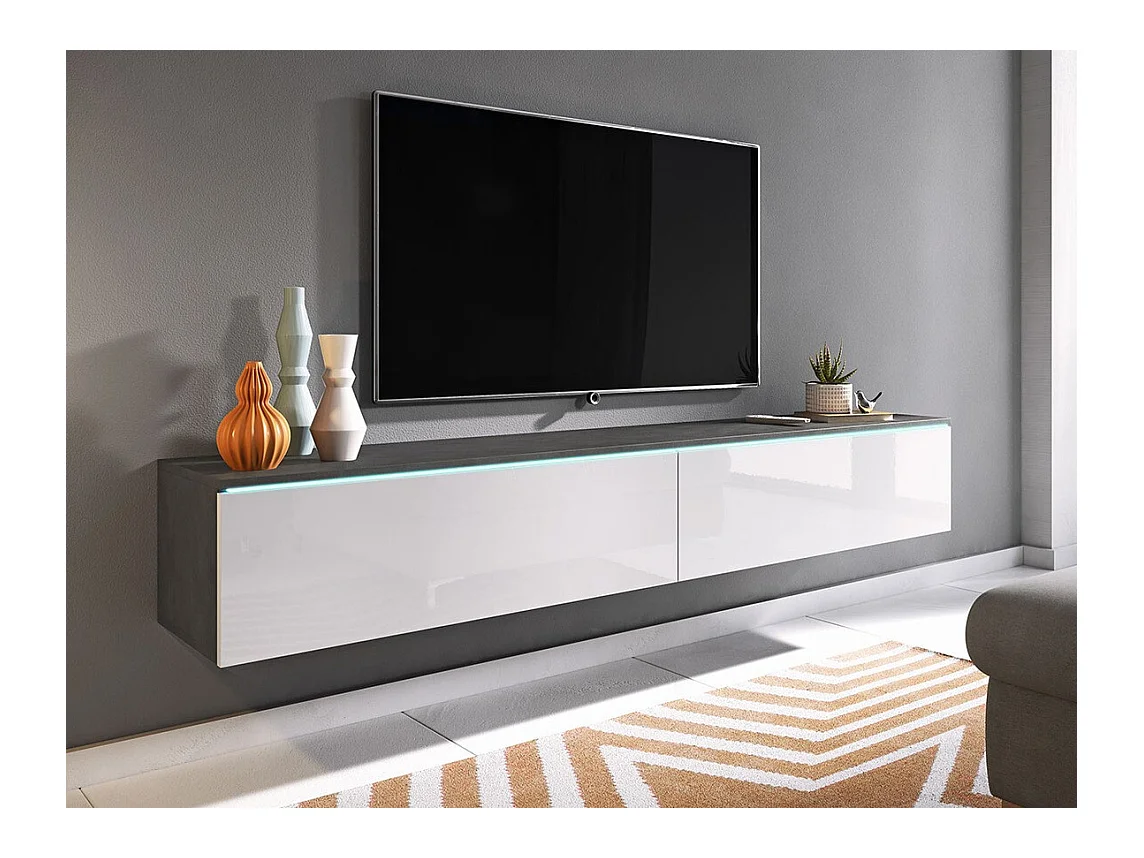 Meuble TV Sarasota 121, Matera gris|Blanc brillant, Le nombre de portes: 2, 180x30x33cm