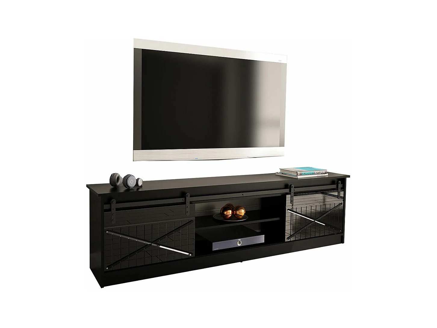 Mobile porta TV Charlotte 156, Nero lucido|Nero, Il numero di porte: 2.00, 200x57x35cm