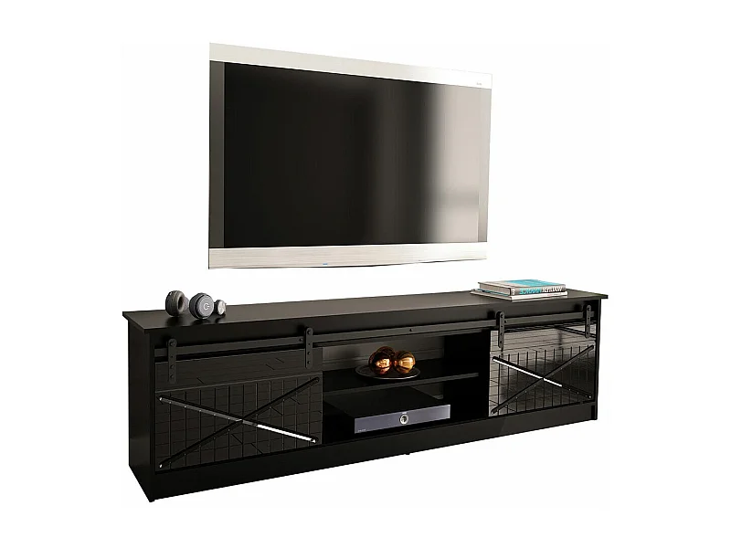 Mueble TV Charlotte 156, Negro|Negro brillante, Número de puertas: 2.00, 200x57x35cm