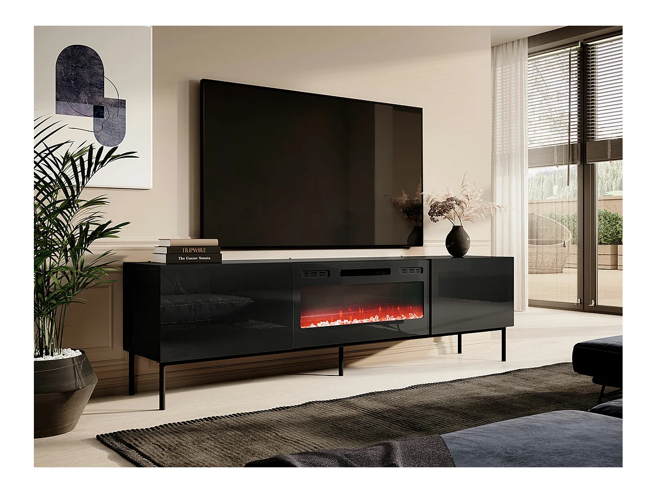 Mueble TV Charlotte 163, Negro|Negro brillante, Número de puertas: 2.00, 200x57x40cm
