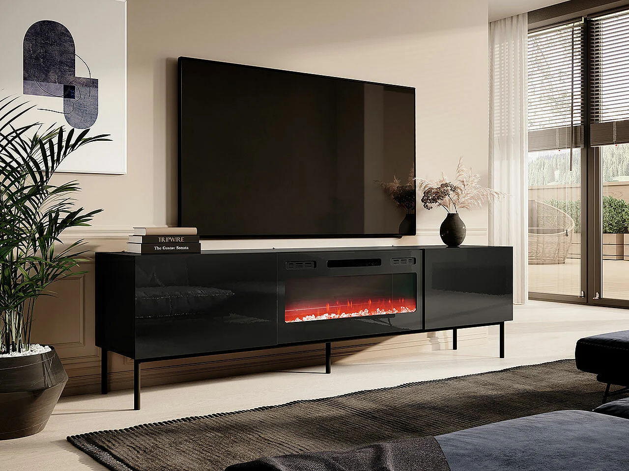 Mueble TV Charlotte 163, Negro|Negro brillante, Número de puertas: 2.00, 200x57x40cm
