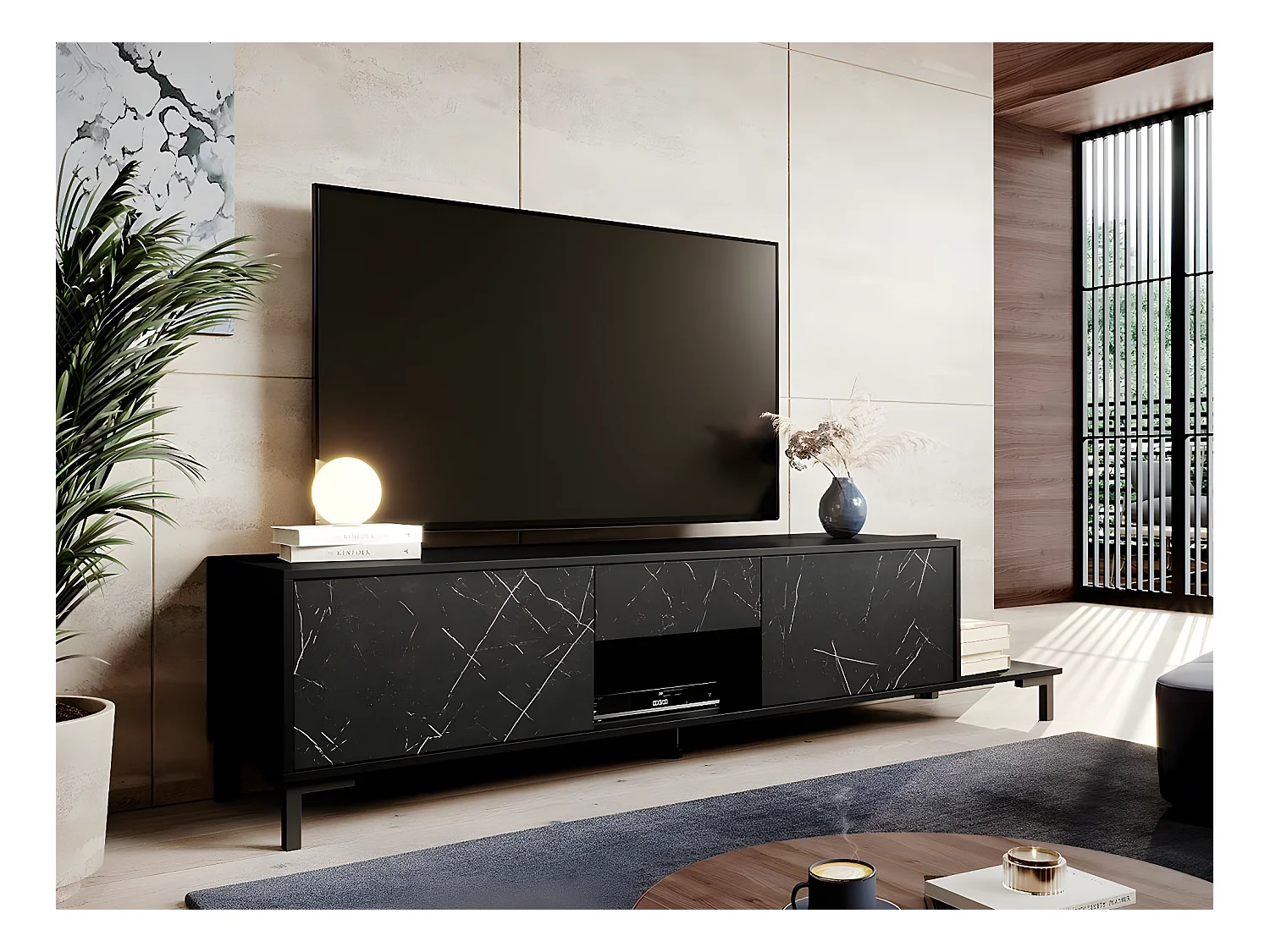 Mueble TV Charlotte 157, Mármol negro|Negro, Número de puertas: 3.00, 195x48x40cm