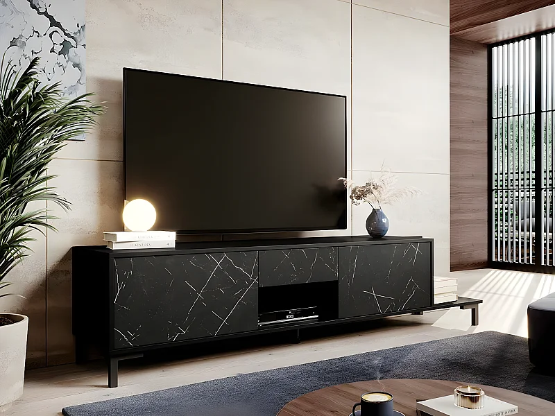 Mueble TV Charlotte 157, Mármol negro|Negro, Número de puertas: 3.00, 195x48x40cm