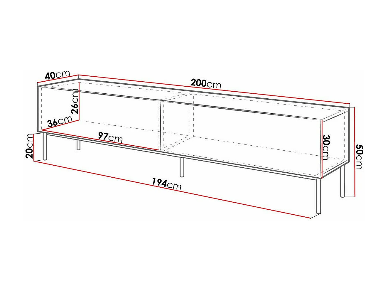 Mueble TV Charlotte 160, Blanco|Blanco brillante|Negro, Número de puertas: 2.00, 200x50cm