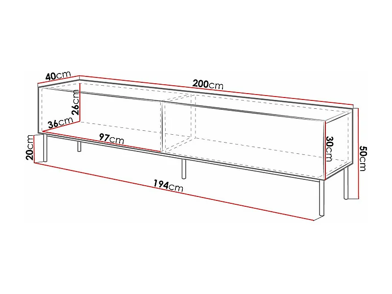 Mueble TV Charlotte 160, Blanco|Blanco brillante|Negro, Número de puertas: 2.00, 200x50cm