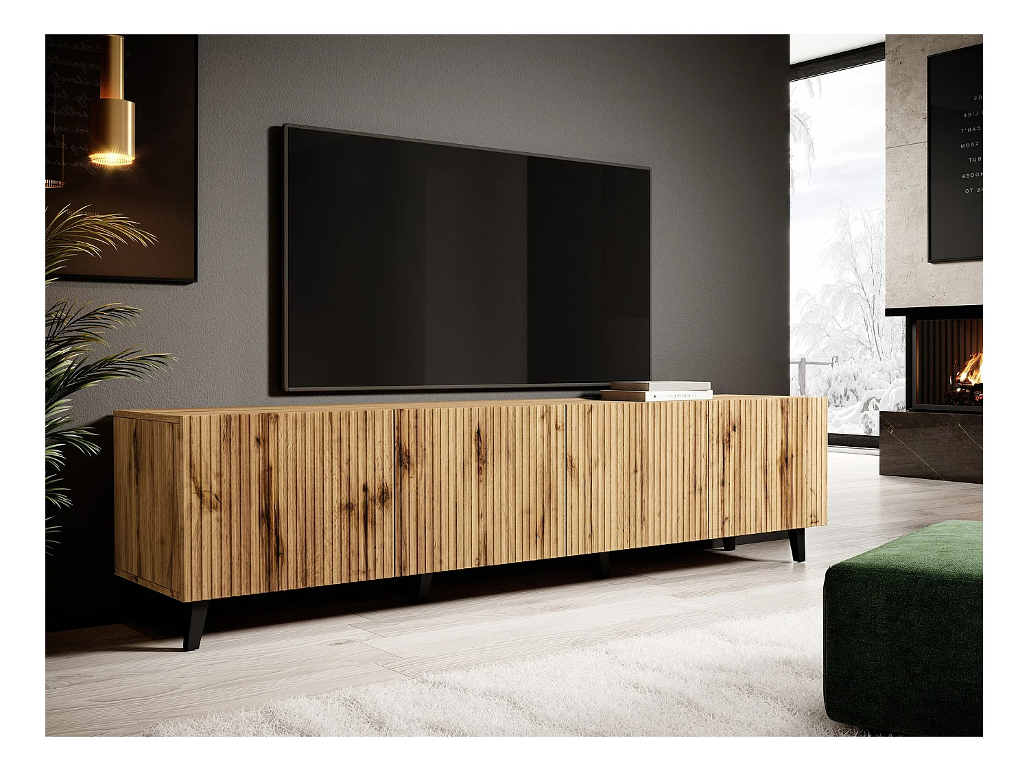 Mueble TV Charlotte J104, Negro|Wotan roble, Número de puertas: 4.00, 201x53x42cm