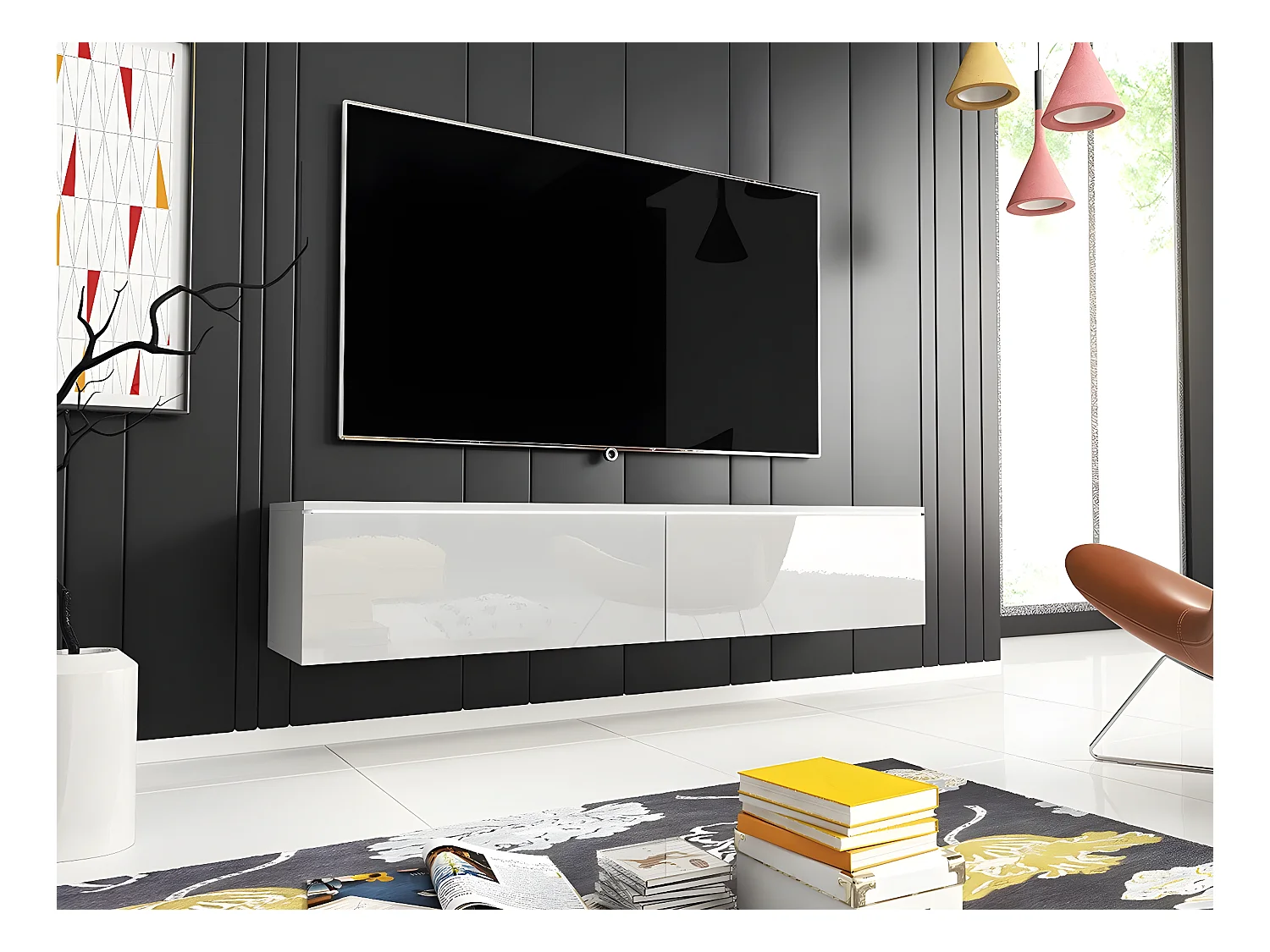 Meuble TV Sarasota 120, Blanc brillant|Blanc, Le nombre de portes: 2, 140x30x33cm
