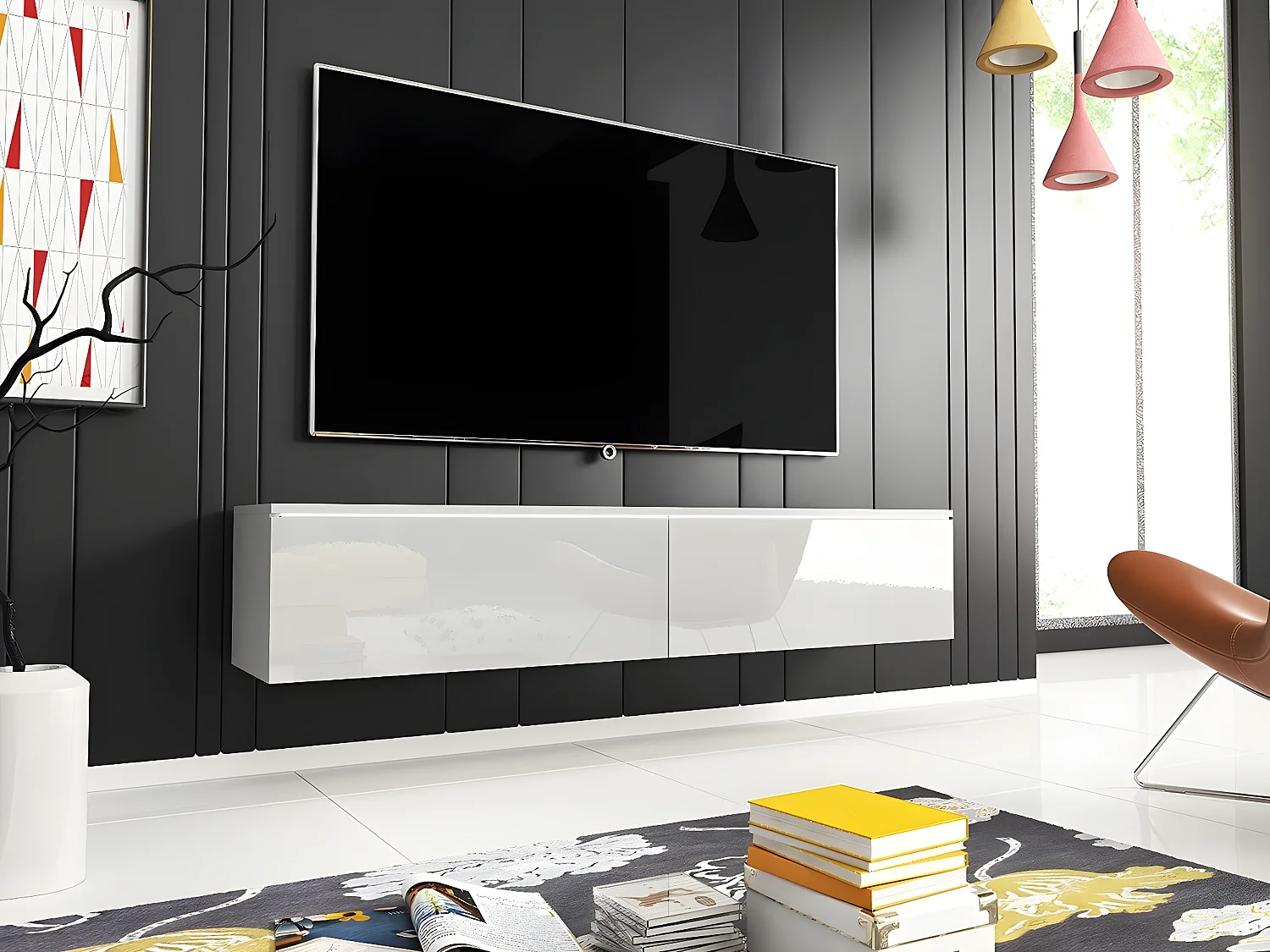 Meuble TV Sarasota 120, Blanc|Blanc brillant, Le nombre de portes: 2, 140x30x33cm