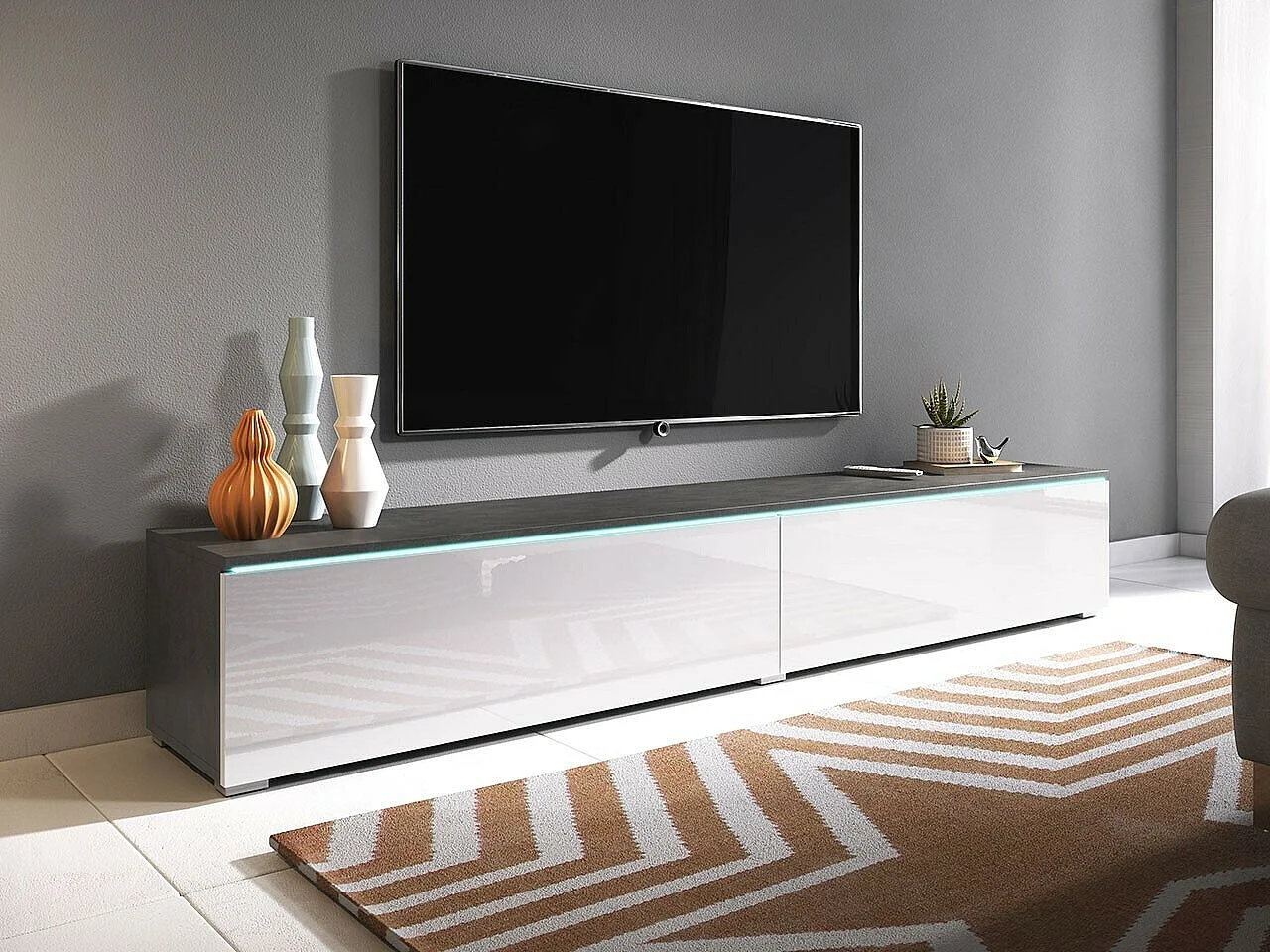 Meuble TV Sarasota 121, Blanc brillant|Matera gris, Le nombre de portes: 2, 180x30x33cm
